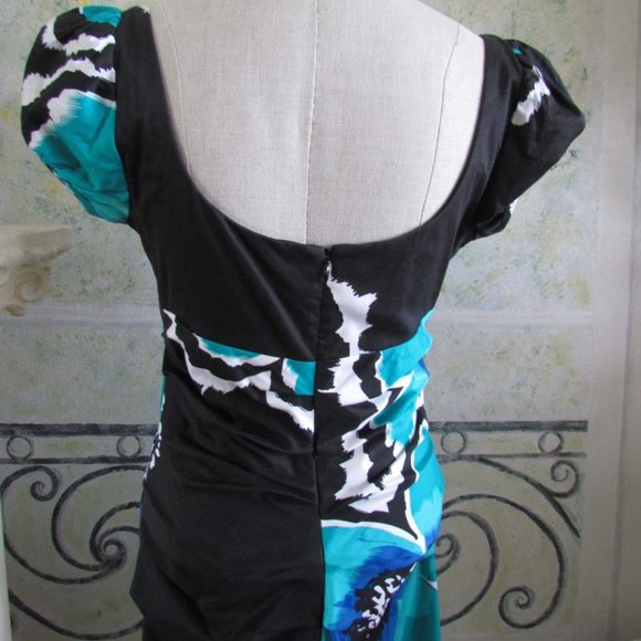FLORAL DRESS, 8, SUZI CHIN ART in TURQUOISE, BLACK & WHITE COTTON BODYCON MIDI - Picture 4 of 5